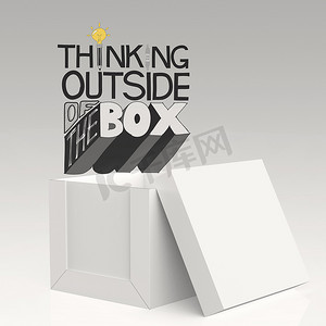 打开盒子 3d 和设计词 THINKING OUTSIDE OF THE BOX 作为 conce