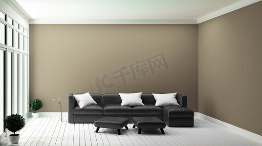 米色沙发摄影照片_棕色墙壁现代室内设计概念黑色沙发.3d 撕裂
