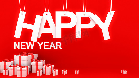 新年快乐剪纸摄影照片_新年快乐概念，用绳子剪纸，许多装饰性白色礼品盒，红色背景上有红色蝴蝶结和丝带。，3D 渲染