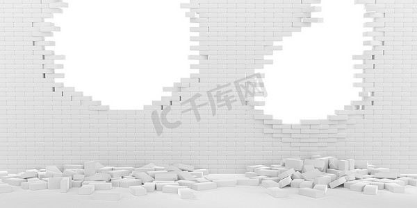 白色砖墙摄影照片_3D 渲染破坏白色背景上的白色砖墙