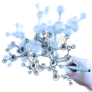 科学家医生手在 l 中绘制虚拟分子结构