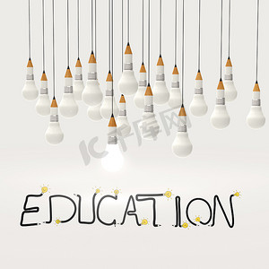 铅笔电灯泡 3d 和设计词教育作为概念