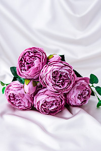 白色丝绸织物背景上美丽的紫牡丹花束。
