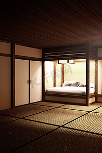 日本酒店摄影照片_日本卧室内部有灯武士刀和枕头。 