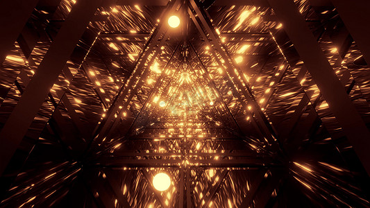 抽象星系反射三角形玻璃隧道设计与飞行 glowiong 球体粒子 3d 插图壁纸背景