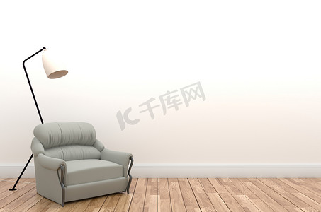 室内沙发和空白墙背景灯，3D renderi
