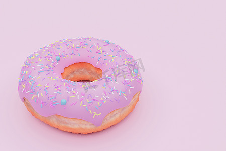 美味的粉红色釉面甜甜圈，在粉红色柔和的背景上洒上五颜六色的点缀。3d 模型和插图。