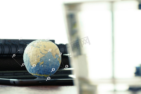 地球纹理图摄影照片_digi 上带有空白社交媒体图的手绘纹理地球仪