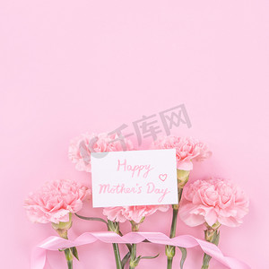 美丽、清新优雅的康乃馨花束与白色问候感谢礼品卡隔离在明亮的粉红色背景、顶视图、平躺概念。