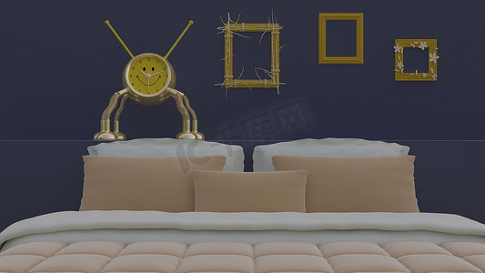 3d 渲染，3d 插画家，台钟金色机器人被放置在带有黄色相框的蓝色卧室的床上方。