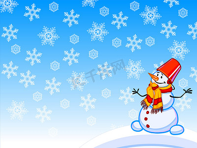 冬季背景与雪人摄影照片_雪人与雪花的冬季卡通插图。