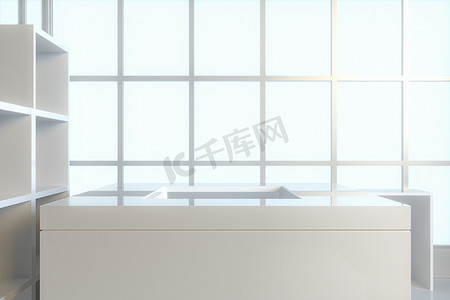 玻璃方块和空房间有白色背景，3d 渲染。
