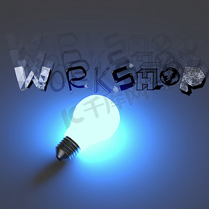 workshop摄影照片_3d 灯泡生长设计词 WORKSHOP 作为概念