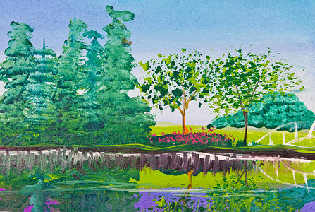 海报彩色画树和水中的倒影