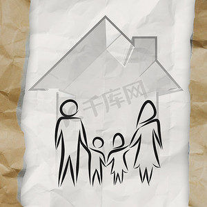 手绘家庭背景摄影照片_手绘 3d 房子与皱巴巴的纸背景上的家庭图标