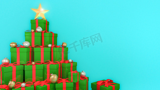 带红丝带的绿色礼盒，呈蓝色背景的圣诞树形状。3D 渲染