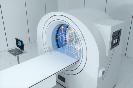 白色空房间中的医疗设备 CT 机，3d 渲染。