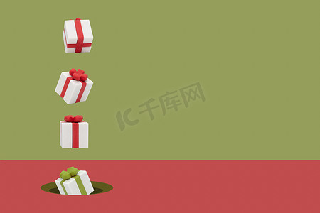 绿色的圣诞礼盒摄影照片_圣诞礼盒在粉色和绿色的背景下飘扬，Minim