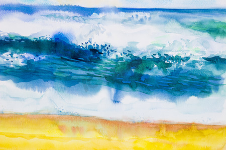 水彩海景画五颜六色的海景，沙滩，波浪。