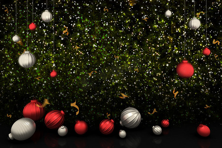 球和五彩纸屑在照明圣诞树背景。，圣诞节和新年快乐的概念。，3D 渲染。