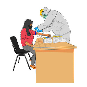 矢量手绘草图、站立医生或护士使用 Hazmat 和面罩为坐着的女性准备 Covid-19 的快速测试