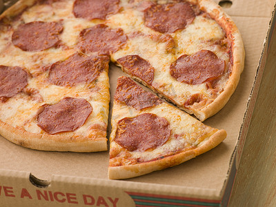 外卖零食摄影照片_外卖盒中切好的意大利辣香肠披萨