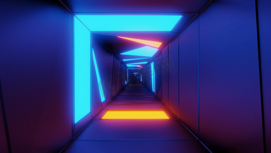 具有发光光图案的高度抽象设计隧道走廊 3d 插图墙纸背景