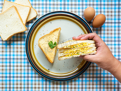 鸡蛋三明治、配料鸡蛋、盐、胡椒和面包放在白盘上，用手吃，蓝色背景，用作墙纸