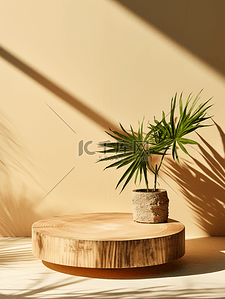 简约植物海报背景图片_电商空景镜头背景室内简约木制圆形展示台