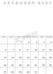 2020 年 12 月日历模板