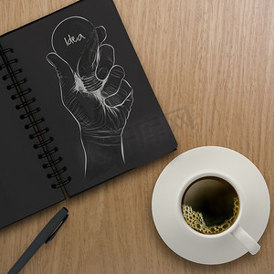 3d 杯咖啡在一个白色的杯子和手绘的想法与 note bo