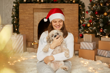 可爱的小狗装饰摄影照片_戴着红帽的可爱快乐女孩在圣诞树的背景下与可爱的北京狗拥抱，节日房间里有灯光、壁炉和礼品盒，女性坐在地板上，和小狗一起玩。