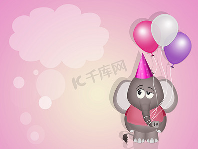 生日派对邀请函摄影照片_带气球的小象生日派对的有趣邀请