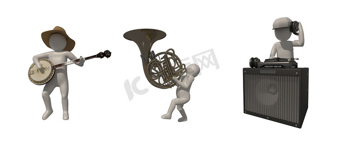3d 插图画家组在灰色背景上的职业音乐家符号，音乐播放器的 3d 渲染。