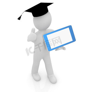 平板电脑3d摄影照片_3d 戴着毕业帽的白人，拇指向上，平板电脑 — 最佳 gi
