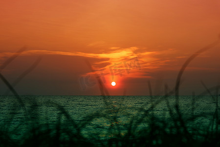 模糊海上的夕阳和沙滩上的剪影草