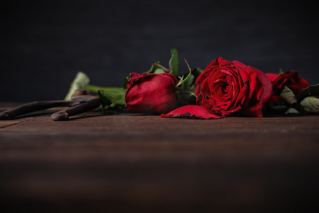 落花摄影照片_深灰色背景上枯萎的玫瑰和带落花瓣和落叶的木桌，悲伤情人节浪漫的设计理念，破碎，复制，空间。