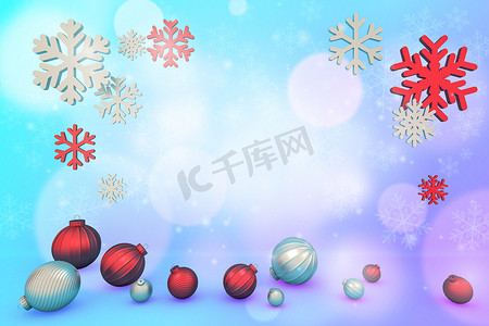 蓝色背景下的球和雪花 圣诞节和新年快乐的概念 3D 渲染