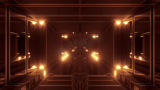 黑暗大气科幻隧道走廊与发光灯和反光玻璃窗 3d 插图背景壁纸图形艺术品
