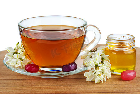 一杯茶、金合欢蜂蜜和花