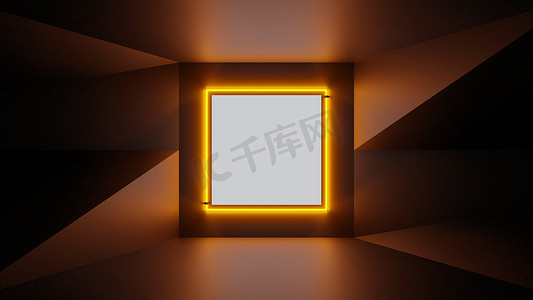 人霓虹摄影照片_霓虹橙色方形灯点亮的抽象几何