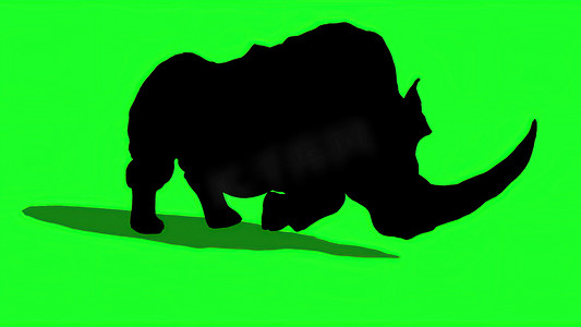 犀牛剪影摄影照片_3d 插图-犀牛在绿屏上的剪影