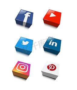 3d 社交网络徽标、facebook、youtube、twitter、linkedin、instagram 和 pinterest
