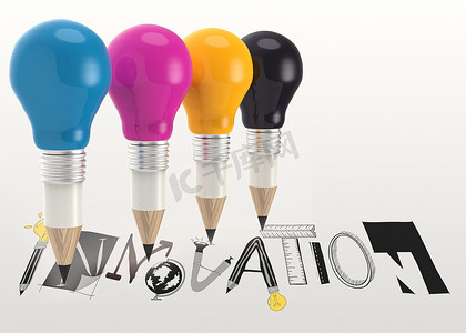 手绘图形词创新和 3d 铅笔灯泡作为 c