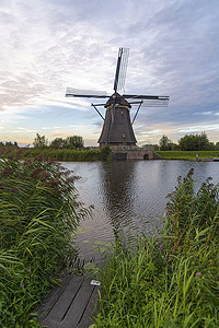 荷兰风车沿着运河铺设，在早日落时刻，野草被强风吹动