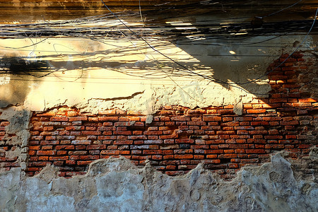 杂乱的电线与破碎的旧砖墙。