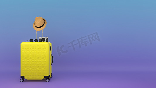 矢量图贴纸摄影照片_带太阳帽和眼镜的黄色手提箱，柔和背景的相机。，旅行概念。，3d 插图。