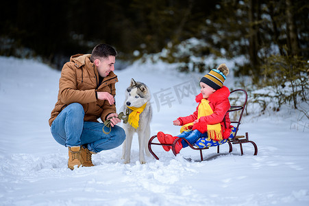 裹着衣服摄影照片_爸爸和女儿与宠物、哈士奇和他的主人在冬季森林里进行冬季游戏。