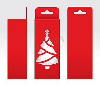 悬挂的红色盒子窗口圣诞树形状切出包装模板空白，空盒子红色纸板，礼品盒红色牛皮纸包装纸箱