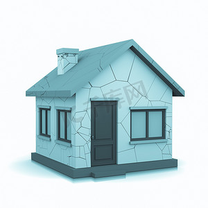 卡通房子绿草地摄影照片_有裂缝的房子 3D 插图